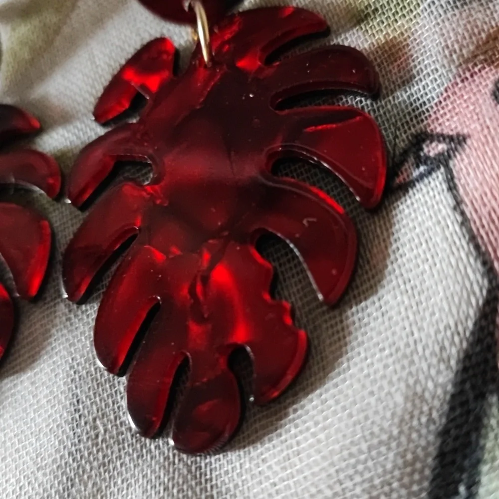 Fiery RED Marbled Acrylic Palm Acetate Monstera Leaf Pierced Earrings NOC Leaves
